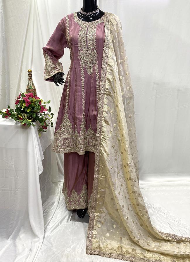 Shimmer Silk Pink Wedding Wear Embroidery Work Readymade Plazzo Suit
